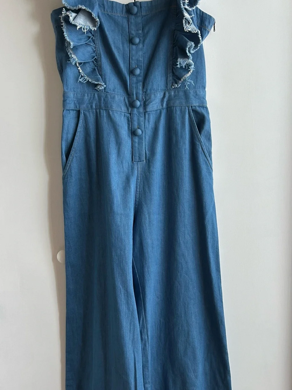 Sea New York Blue Denim Ruffle-Strap Wide-Leg Overalls - Picture 2 of 6